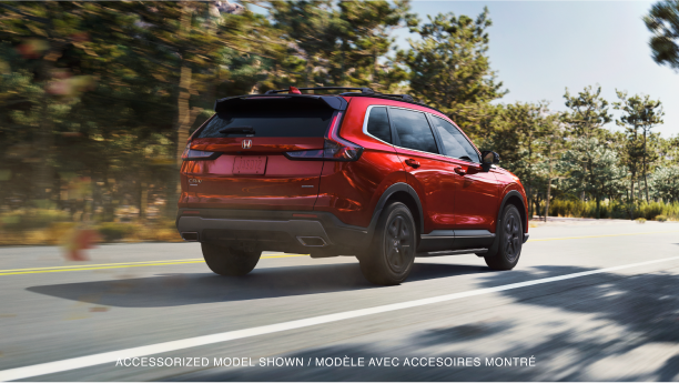 3/4 rear view of red CR-V driving on a forest highway. 