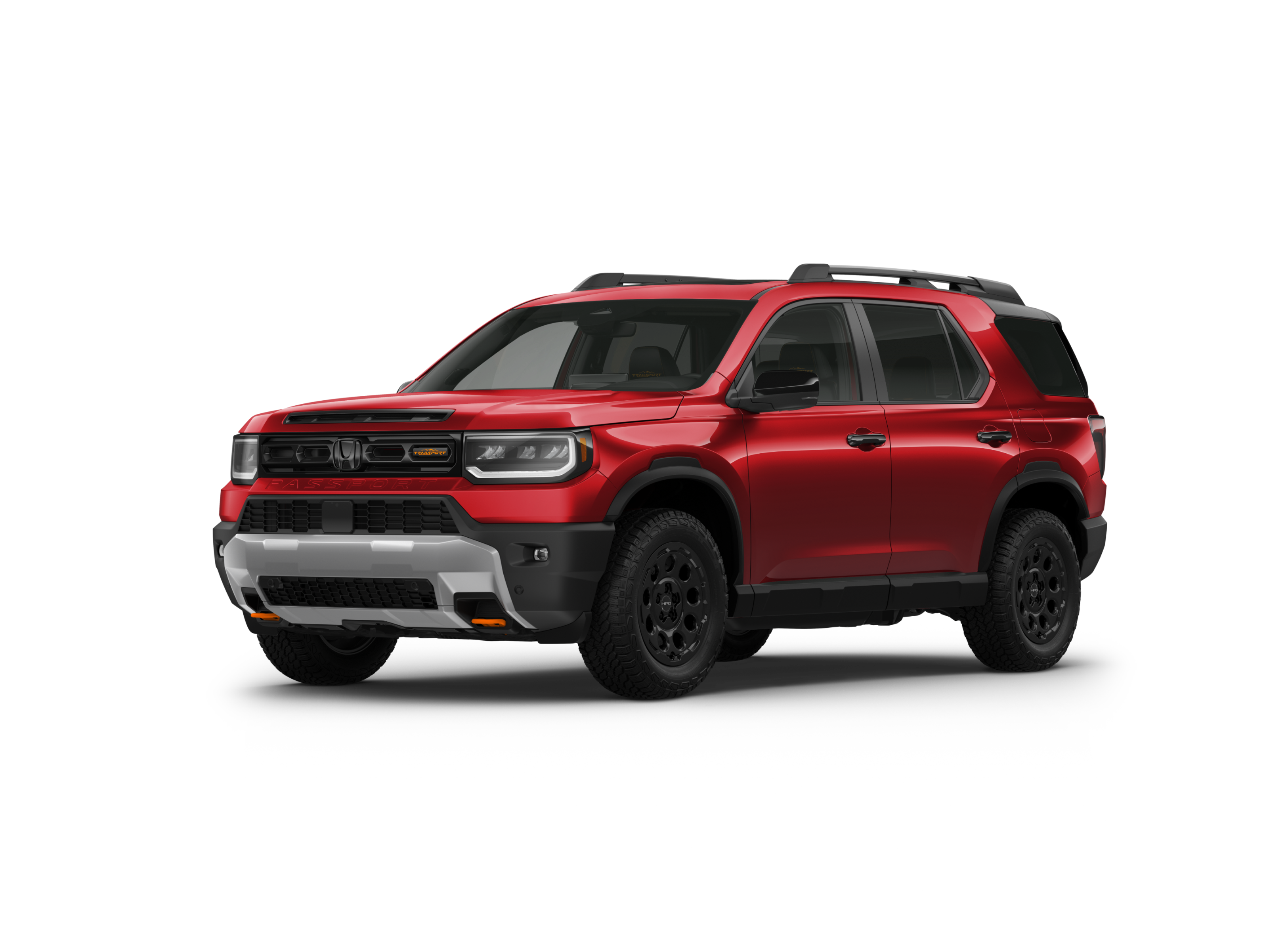 ¾ driver side front facing view of 2026 Passport TrailSport Blackout model in Radiant Red Metallic II colour